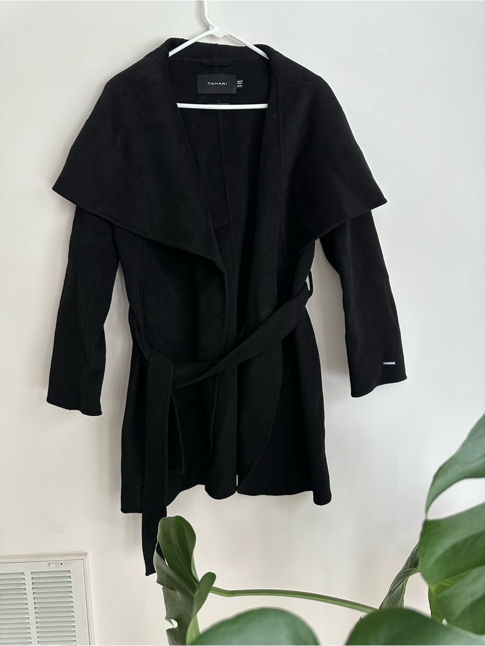 Tahari Black Draped Wool Blend Coat with Self Tie